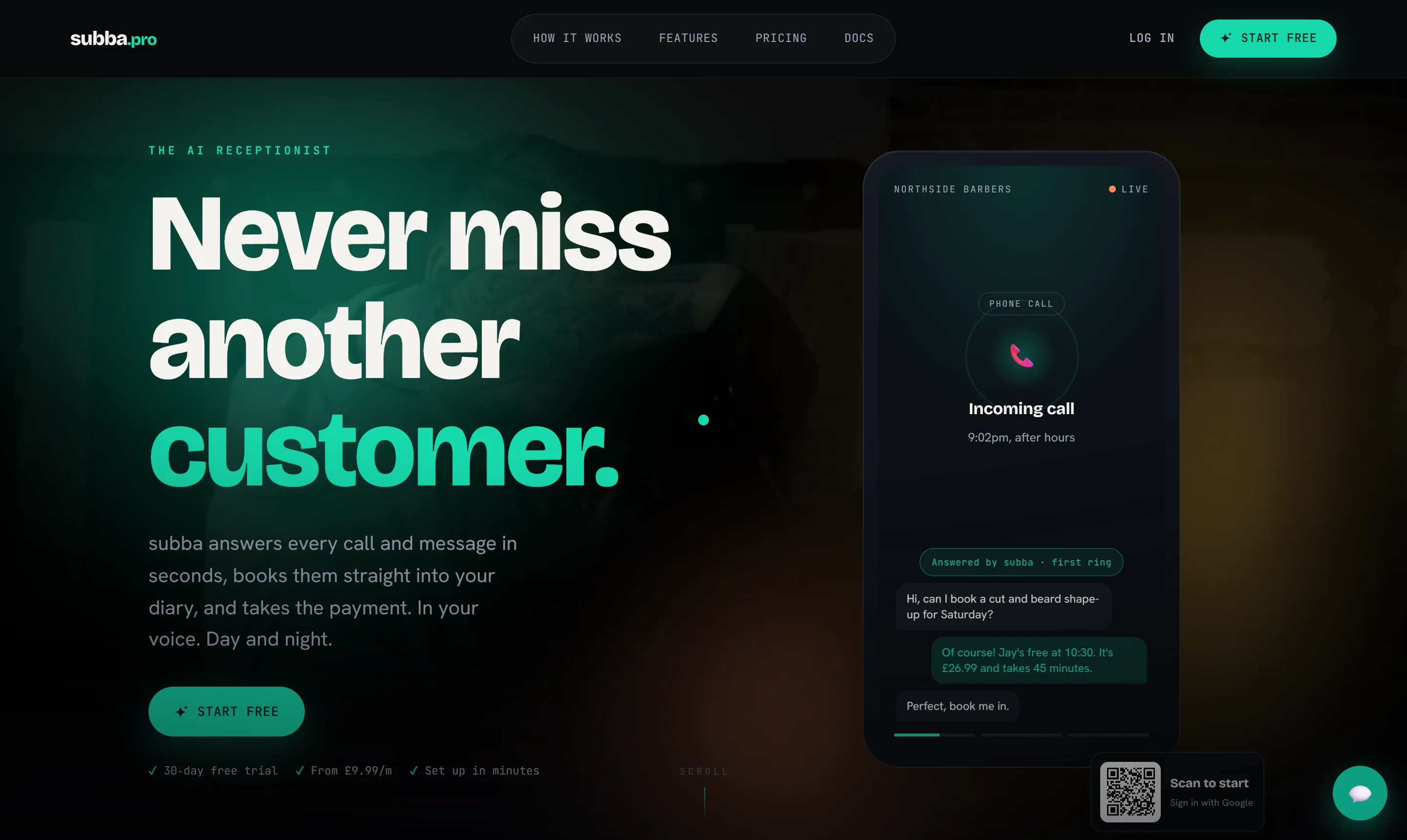 The subba.pro homepage: Never miss another customer. subba answers every call and message in seconds and books them straight into your diary
